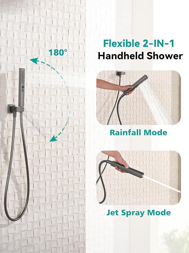 Lefton Shower System in Fahrenheit Display (Battery-free), 10” Overhead Shower Head with All-in-one Handheld Spray Showerhead and Bathtub Faucet, 4-in-1 Control System, SSWM2502 (Grey)