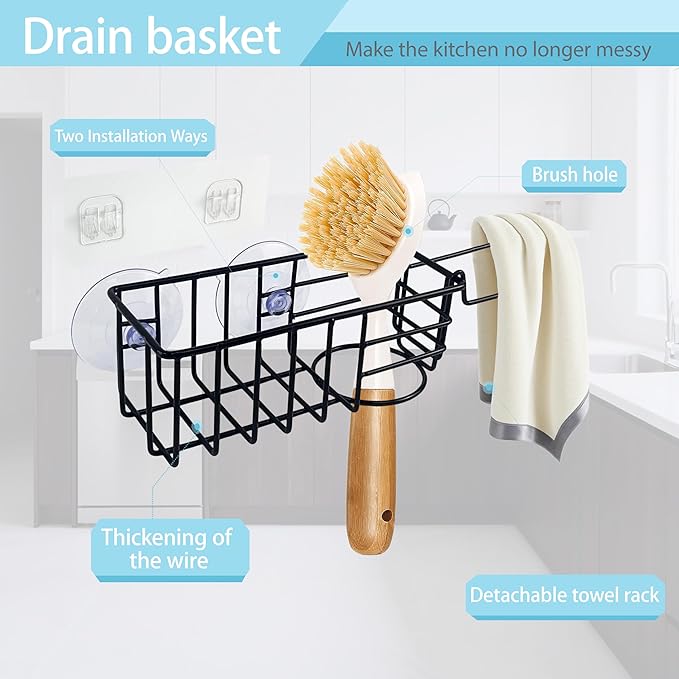 Sponge Holder with Dish Cloth Hanger for Kitchen Sink, In-sink Caddy Organizer with Suction Cups & Adhesive Strips, Rustproof Sponge Rack for Soap, Brush, Scrubber - Black（2 Pack）