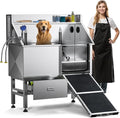 DWVO Professional 50in Dog Bathing Station, Stainless Steel 304 Pet Grooming Tub w/Right Door Ramp, 2 Storage Drawers & Grate, Pet Washing Station for Small, Medium, Large Dogs