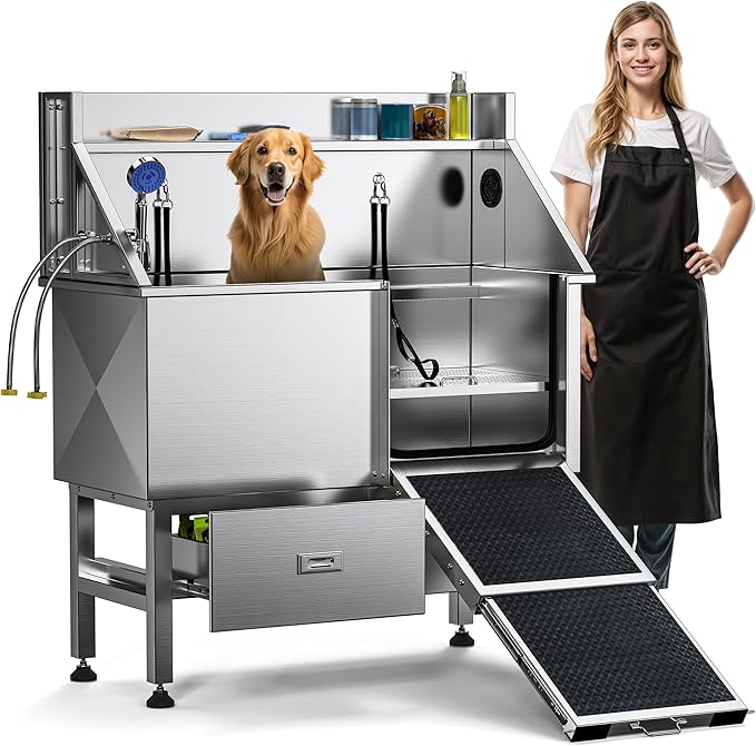 DWVO Professional 50in Dog Bathing Station, Stainless Steel 304 Pet Grooming Tub w/Right Door Ramp, 2 Storage Drawers & Grate, Pet Washing Station for Small, Medium, Large Dogs