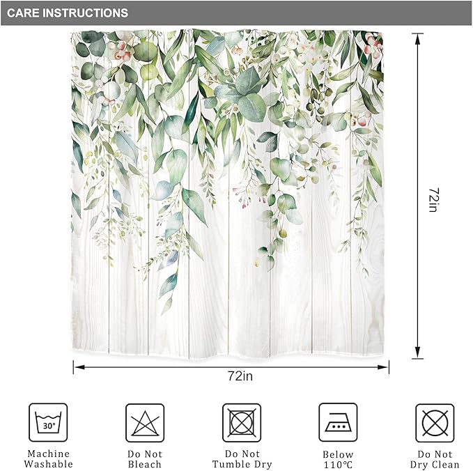 Riyidecor Sage Green Eucalyptus Leaves Shower Curtain for Bathroom Decor 72Wx72H Wooden Rustic Leaf Plants Botanical Spring Floral Art Printed Fabric Polyester Waterproof 12 Pack Plastic