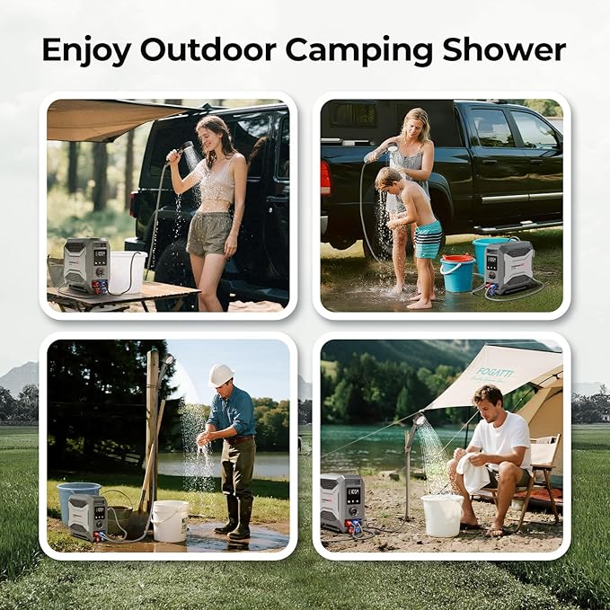 FOGATTI InstaShower GO, Portable Propane Tankless Water Heater 19,000 BTU, with 5000mAh Rechargeable Built-in Battery, DC 12V, Outdoor Camping Shower