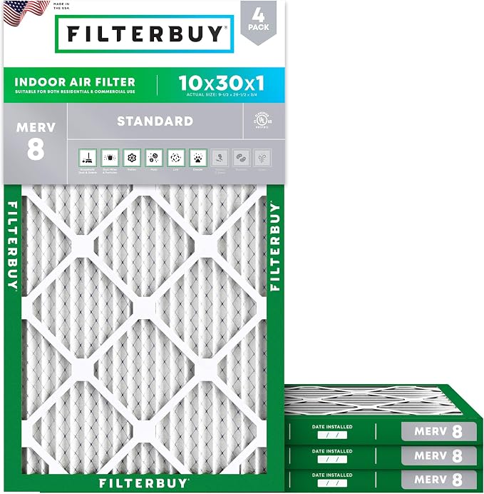 Filterbuy 10x30x1 Air Filter MERV 8 Essential Dust & Allergy Defense, by Filterbuy