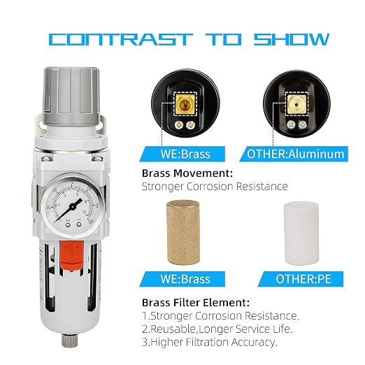 NANPU 1/2" NPT Compressed Air Filter Regulator Combo Piggyback, 5 Micron Brass - Image 5