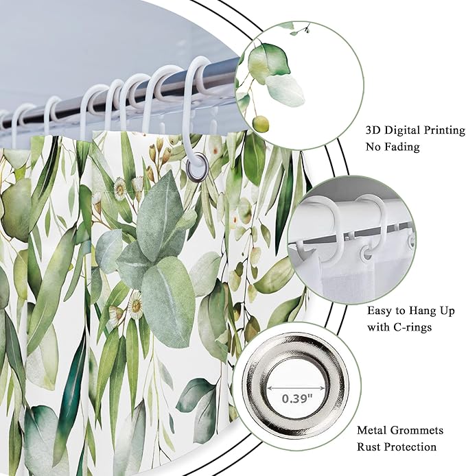 Riyidecor Small Stall Narrow Shower Curtain for Bathroom Decor 48Wx72H Sage Green Eucalyptus Leaves Plants Botanical Spring Floral Art Printed Fabric Polyester Waterproof