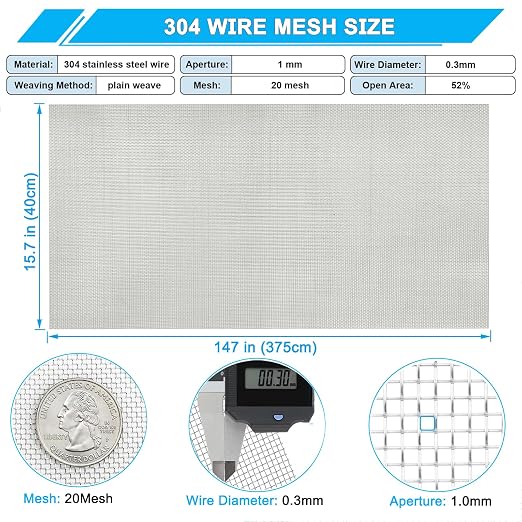 Stainless Steel Mesh Screen 20Mesh 304, 15.7" x 147" Metal Mesh Screen - Image 2