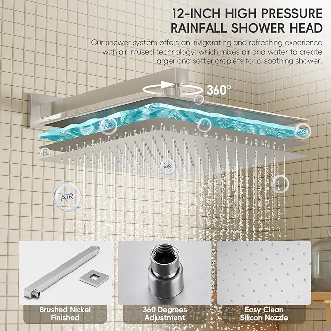Brushed Nickel Shower System, Shower Faucet Set with 12 Inch Rain Shower Head and Handheld, Wall Mounted High-Pressure Shower Head Combo Set with Shower Valve and Shower Trim, Brushed Nickel