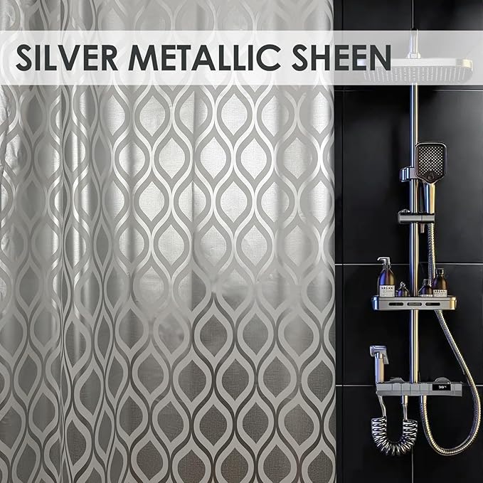 Plastic Shower Curtain Liner, Silver Striped Pattern, Waterproof Printed PEVA Shower Curtain with Design, Rustproof Grommets, Standard Size 70x72 Bathtub Curtain for Bathroom (Pack of 1)