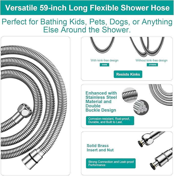 Shower Slide Bar Handheld Shower Head with Hose, 5-Function Hand Shower with Wall Mount，shower slide bar,adjustable height shower head (A-round, Chrome)