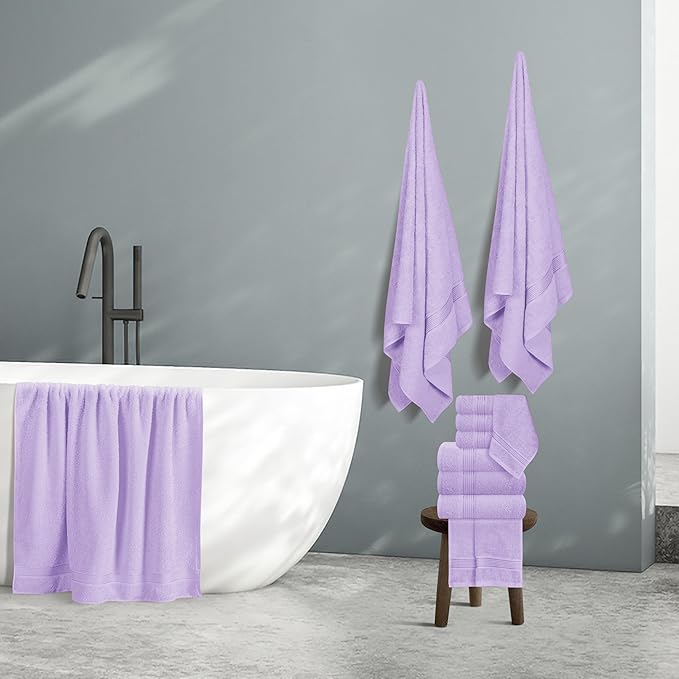 Belizzi Home 100% Cotton Towel Set, Contains 6 Soft Bath Towel, 6 Hand Towels, 12 Wash Cloths - Compact Absorbent Lightweight & Quickdry Towels for Bathroom - 24 Piece Bathroom Towel Set - Purple
