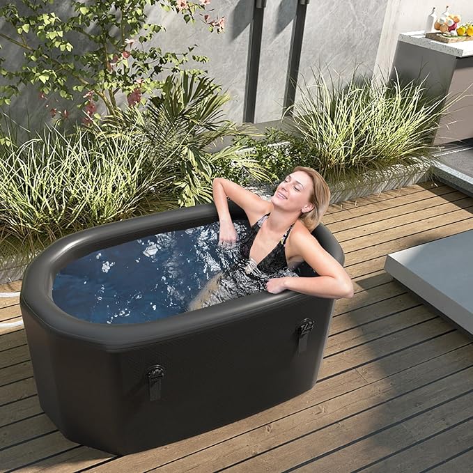 Goplus XL 129 Gal Oval Ice Bath Tub for Athletes, Inflatable Cold Plunge Tub w/Multiple Layered, Lid, Pump, Backpack, Portable Freestanding Ice Bath for Adults (129 Gal Oval, Black)