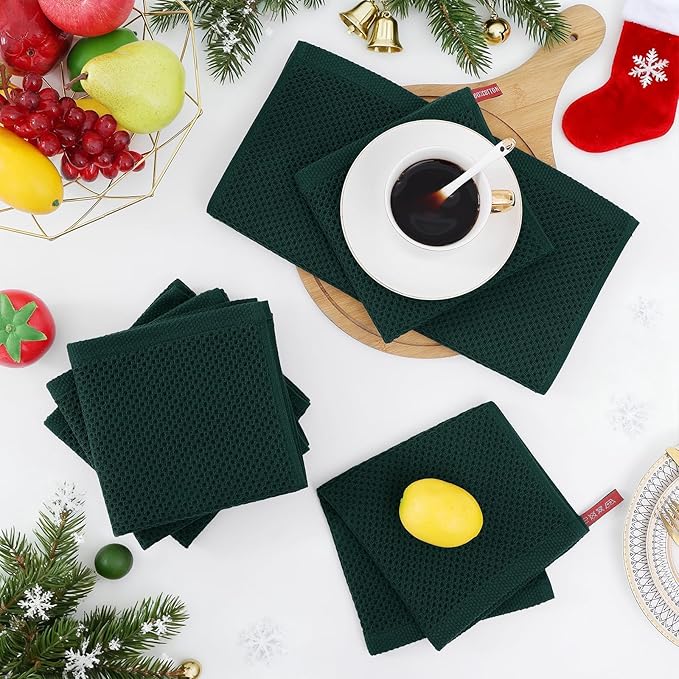 Homaxy 100% Cotton Waffle Weave Kitchen Dish Cloths, Ultra Soft Absorbent Quick Drying Dish Towels, 12 x 12 Inches, 8-Pack, Blackish Green