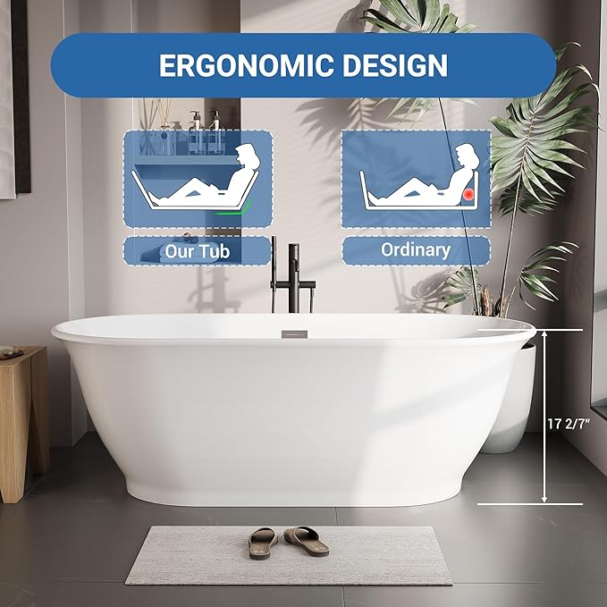 67'' Free Standing Tub, Modern Soaking Bathtub with Matte Black Drain and Overflow, Acrylic, Glossy White cUPC Certified Ergonomic Bath Tub