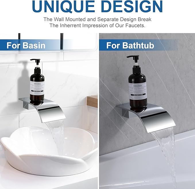 Chrome Waterfall Tub Spout Wall Mount Bathtub Faucet - High Flow Laminar Waterfall Tub Filler Faucet, Cascading Flow Spout for Vessel Sink,Bath Tub Faucet, Bathtub Fill Spout