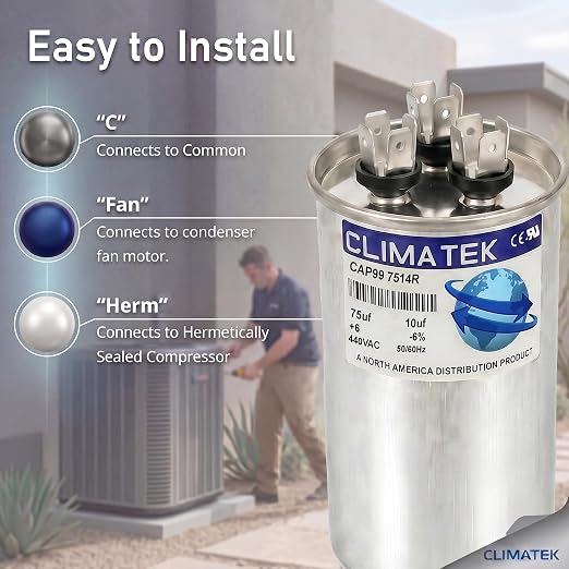 ClimaTek 75 + 10 MFD 370/440 Volt Dual Run Capacitor CAP99-7514R | 75/10 | VAC - Image 3