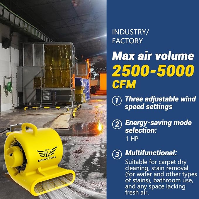 2500-5000 CFM 1HP Air Mover Blower Fan, Floor Blower Dryer, 3 Speeds, 4 - Image 5
