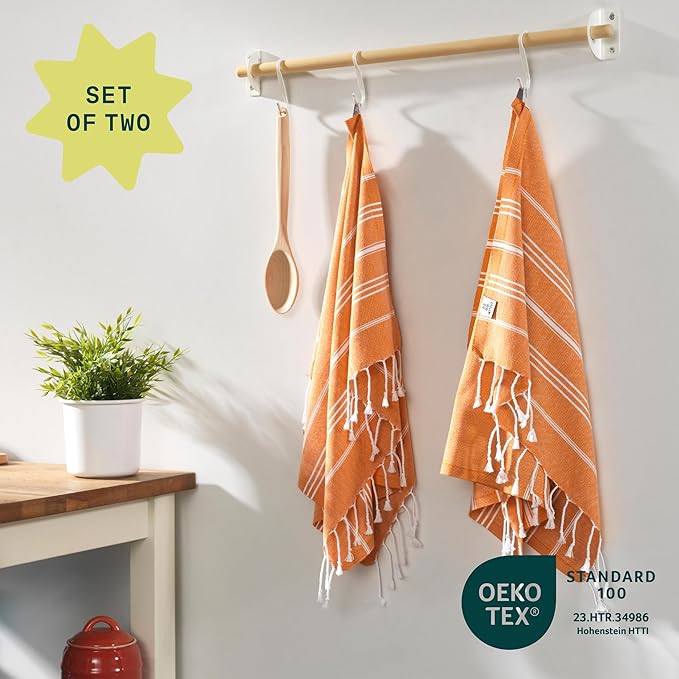 WETCAT Turkish Hand Towels with Hanging Loop, Set of 2 (20" x 30") 100% Turkish Cotton, Pre-Washed, Quick Drying, for Kitchen or Bathroom - Burnt Orange