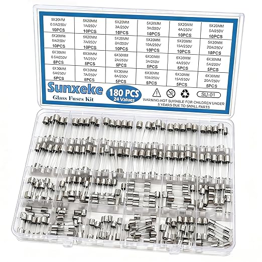 24 Values 180pcs Fast Blow Glass Fuses Assortment Kit 250V 0.5A 1A 2A 3A 4A 5A by Brandquality-Trustworthy