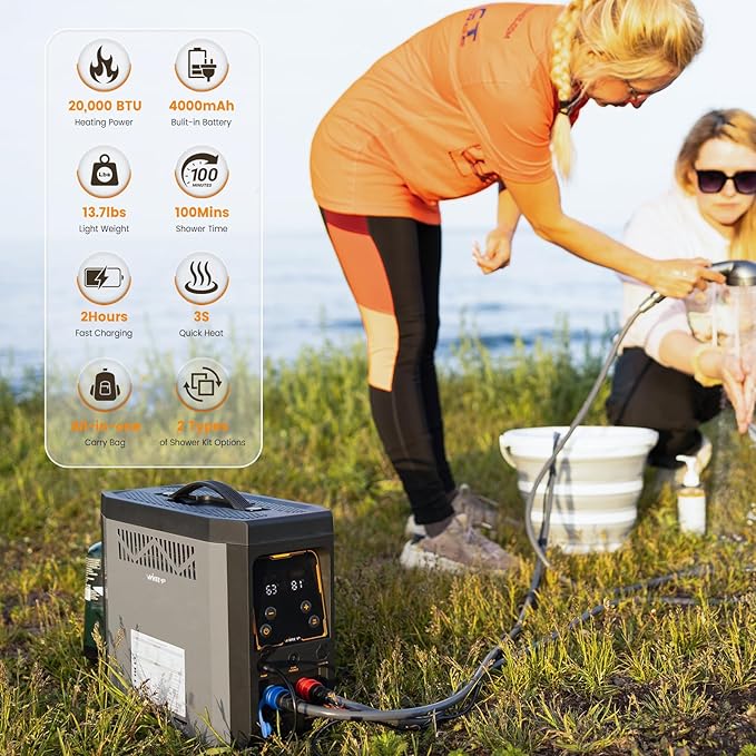 Powered Portable Water Heater, Battery-Powered Camping Water Heater, On-Demand Propane Camping Shower & Shower Pump Constant Temperature, Rechargeable Battery