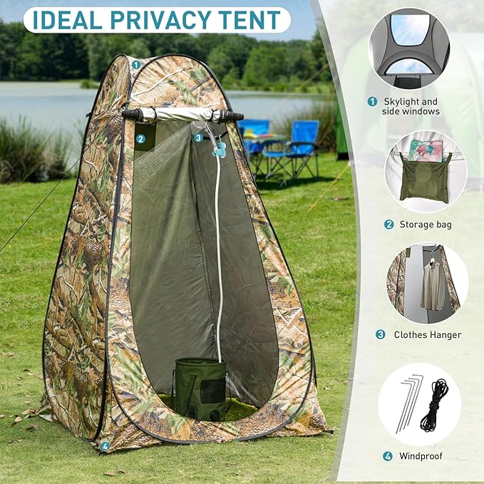 Portable Hot Shower for Camping Shower Tent Kit, 1000W Immersion Heater, Rechargeable Camping Shower Pump, Pop Up Shower Tent with 6.6 Gallons Folding Bucket for Adults Outdoor