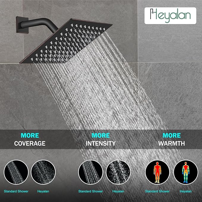 Heyalan 8 Inch Shower Head and Handle Set Square Shower Faucet Set Bathroom Rainfall Shower System Stainless Steel Showerhead Single Function Shower Trim Kit,Female Thread Valve,Oil Rubbed Bronze