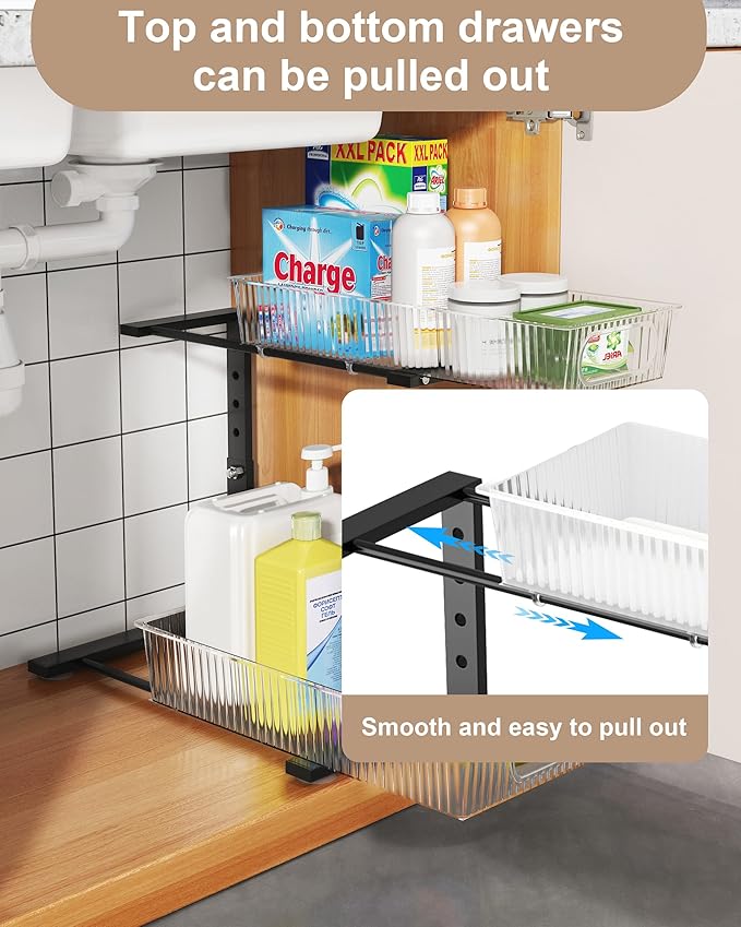 UMDONX Under Sink Organizer 2-Pack Adjustable Bathroom Under Sink Pull-Out Organizer with 5 Adjustable Heights for Kitchen, Bathroom & Laundry Storage