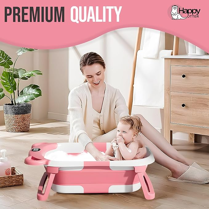 Portable Baby Bathtub with Heat Sensor for Toddlers & Newborns, Padded Baby Bath Tub with Water Release Feature for Travel & Home Baby Bath seat