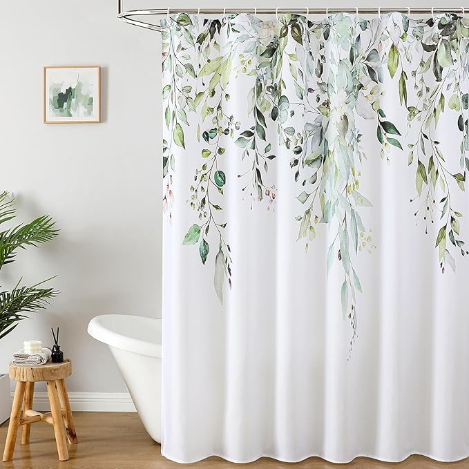 Colorful Star Sage Green Eucalyptus Waterproof Shower Curtain Set with Hooks, Minimalist Watercolor Floral Print Bathroom Décor, Plant Leaves Washable Fabric Shower Curtain, 72 x 84 Inch