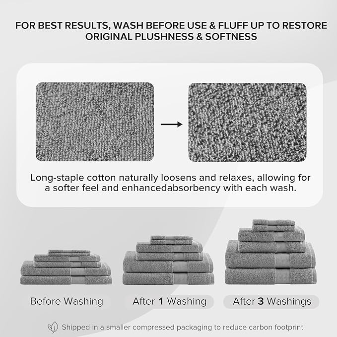 Comfort Spaces Turkish Bathroom Towel Set 6 Piece Luxury Bath Towel Set 2 Hand Towel for Bathroom 2 Washcloth 2 Large Bath Towel Sets Long Staple Ultra-Soft Quick Dry Towel Set Charcoal