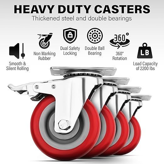 4 Inch Caster Wheels Heavy Duty Casters Set of 4 Lockable Cart Wheels - Image 3