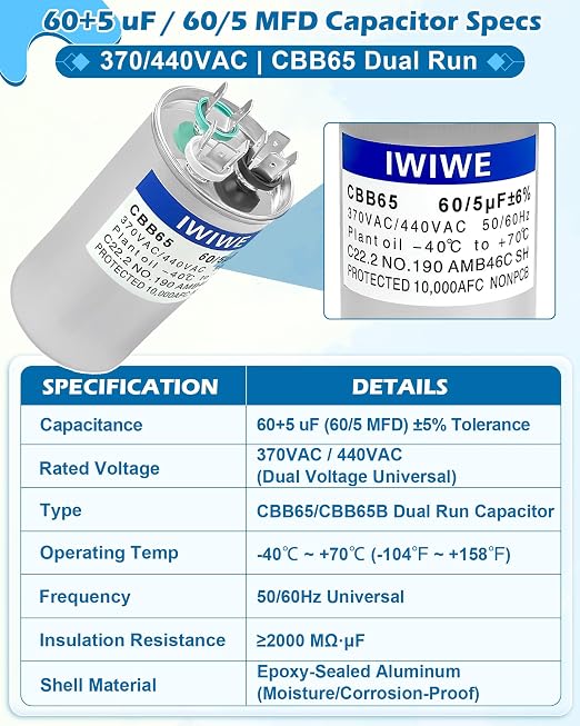 IWIWE 60+5 uF ±5% 370/440VAC CBB65/CBB65B Dual Run A/C Capacitor - Image 3