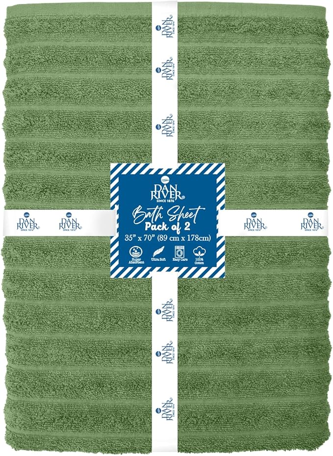 DAN RIVER Pack of 2 Bath Sheet 35x70 Inches, Extra Large Ribbed Quick Dry Bath Towels for Bathroom, Soft Absorbent Towels - Sage Green