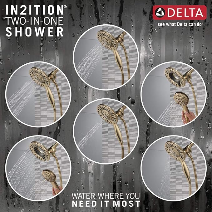 Delta Arvo 14 Series Brushed Gold Bathtub Shower Faucet Set with In2ition 2-in-1 Dual Shower Head with Handheld Spray Combo, Valve Trim Kit, Champagne Bronze 144840-CZ-I (Valve Included)