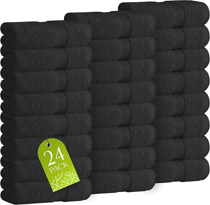 White Classic Wealuxe Black Washcloths 24 Pack - 600 GSM 100% Ring-Spun Cotton Wash Cloths for Showering, Highly Absorbent and Soft | 12x12 Inches
