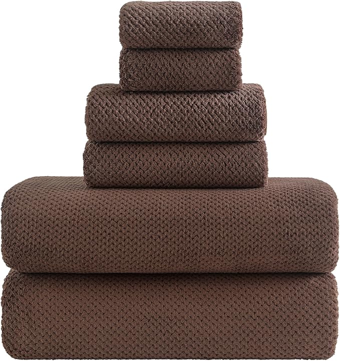YTYC 29x59 Inch Extra Large Bath Towels Set of 6 Quick Dry Super Soft Microfiber Towels for Bathroom 80% Polyester (Brown,6 Piece)