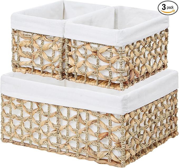 Vagusicc Wicker Basket, Set of 3 Hand-woven Water Hyacinth Storage Baskets for Organizing, Large Wicker Storage Basket Bins with Handles, Small Toilet Paper Storage Baskets for Shelves & Decor