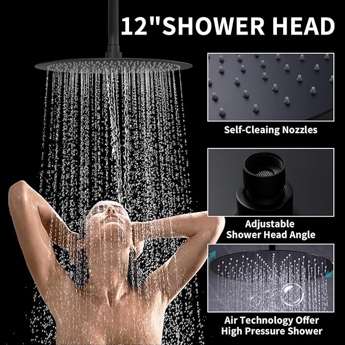Shower Faucet Set Matte Black Shower System Temperature Display Diverter Shower Valve and 2 in 1 Handheld with Slide Bar, 12 Inch Ceiling Shower Head with 8 Inch Wall Mount Shower Head