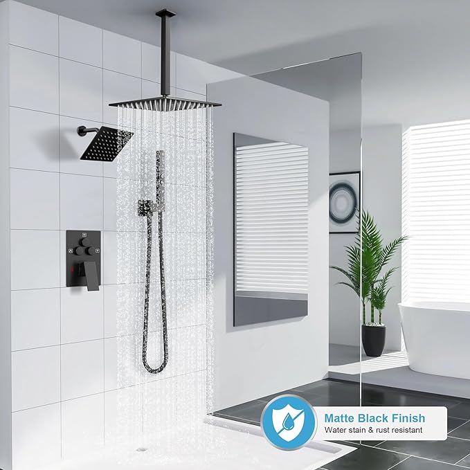 Shower Faucet Set Matte Black Shower System, Ceiling Mount 10 Inch Shower Head With Wall Mount 6 Inch Shower Head and 2 in 1 Handheld Spray, Push Button Diverter Shower Valve Trim Kit Complete