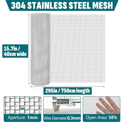 20 Mesh 304 Stainless Steel Mesh Screen, 15.7'' x 295'' Wire Screen Mesh - Image 2