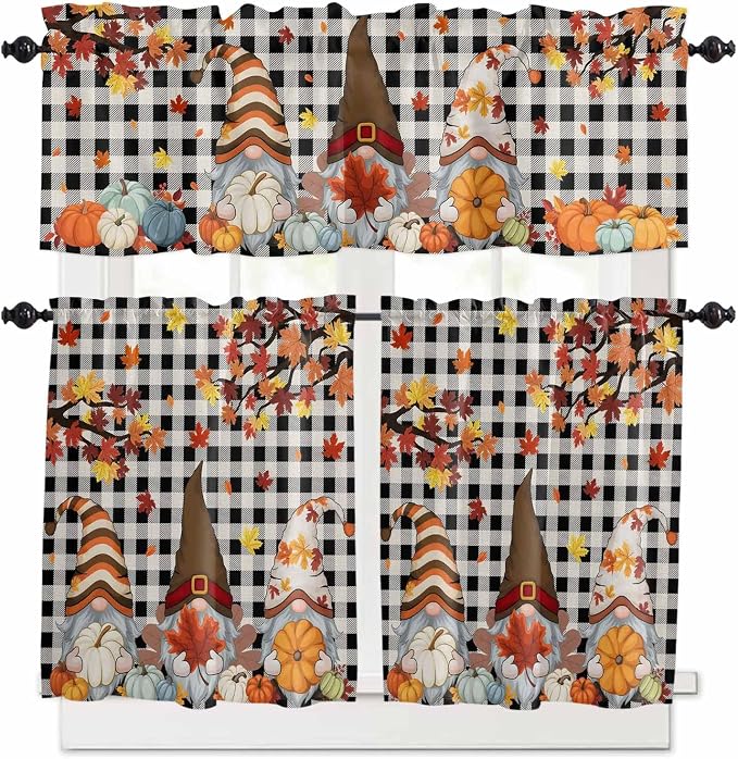 Thanksgiving Gnomes Kitchen Curtain Set, Fallen Maple Leaf Pumpkin Black Plaid by Unknown
