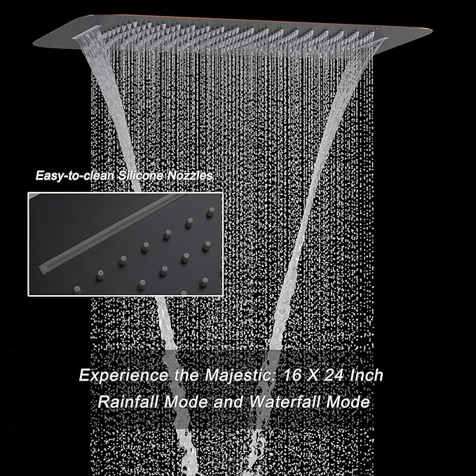 Temperature Display Oil Rubbed Bronze Shower System with 16X24 inch Ceiling Mounted Shower Head(Rain & Waterfall Modes), with 6 PCS Body Jet and Handheld Spray
