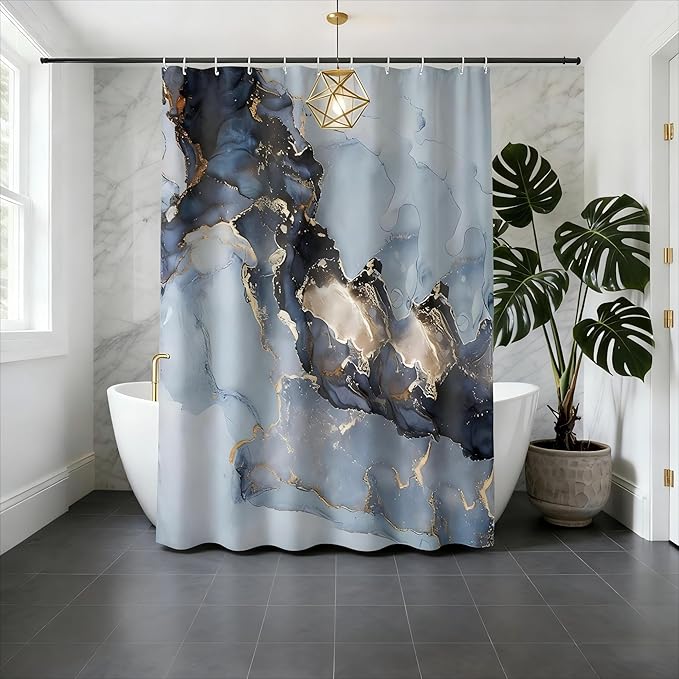 Domoku Blue Marble Shower Curtain 72x72 – Blue and Gold Waterproof Fabric Shower Curtain with Hooks, Abstract Art Bathroom Decor, Machine Washable Curtain for Apartment, Guest Bath