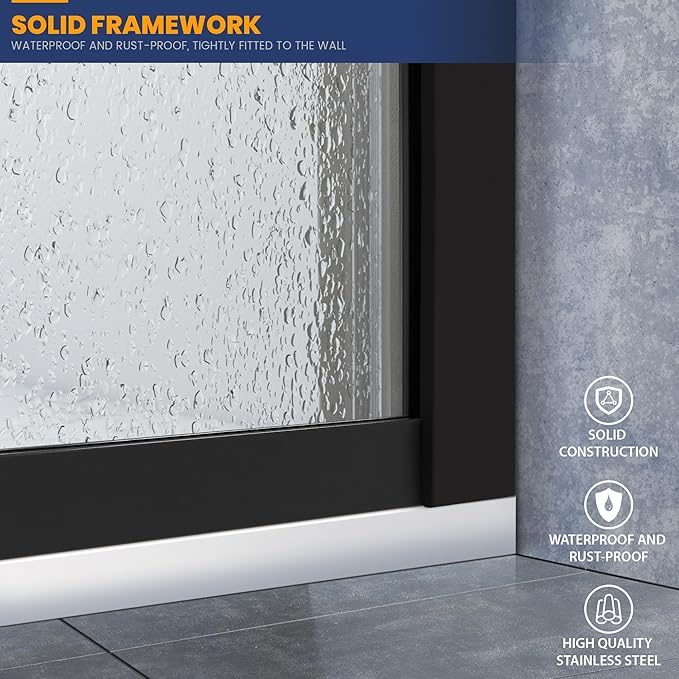 Glass Shower Panel, 36" W x 76" H Semi-Framed Fixed Shower Glass Panel in Matte Black with 5/16"(8mm) Clear Tempered Glass Door, Simple Shower Door Panel for Bathroom