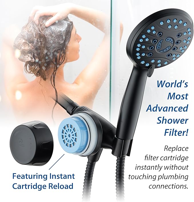 AquaCare Skin & Hair - World's Only Handheld Shower Head Filter with Built-in Hand Shower Bracket, ON/OFF Filtration Modes, Instant Cartridge Reload & Stay-Clean American KDF Cartridge, Matte Black