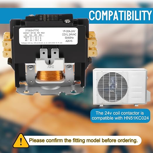 1 Pole Air Conditioner Contactor FLA 30 Amp 24VAC Coil, Compatible - Image 3