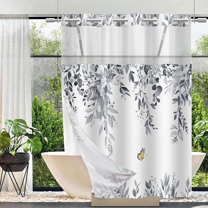 No Hook Shower Curtain and Liner Set, Blue Grey Eucalyptus Floral Shower Curtains for Bathroom, Bath Curtain Sets with Snap in Liner, Waterproof with See Through Top Window, 71x84 Inches