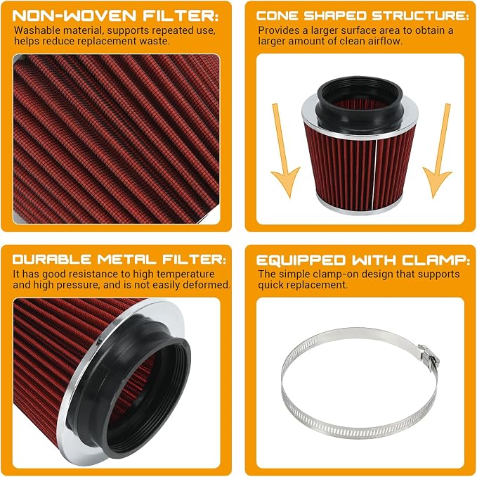 PTNHZ Universal Red 4" 102mm High Flow Cold Air Intake Cone Air Filter Power - Image 3