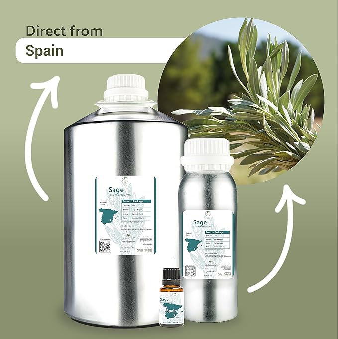Sage Essential Oil - Direct from Essential Oils SL Spain - Steam Distilled - Aceite Esencial de Salvia for Aromatherapy, Massage, Diffuser, DIY Candle and Soap Making - 8oz