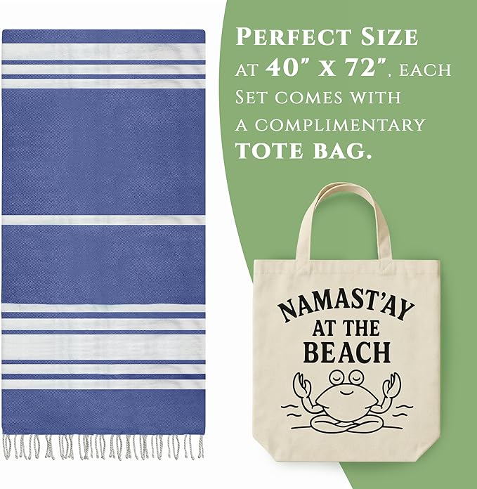 Turkish Cotton Beach Towel Pack of 6 & 1 Boho Tote Bag - Hammam Towels - No Shrink - Quick Dry - Lightweight - Sand Free - Camping - Pool - Tanning - Beach Essentials - Dark Blue (40"x70")