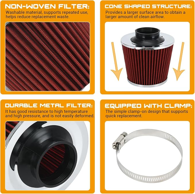 PTNHZ Universal Red 2.5" 63mm High Flow Cold Air Intake Cone Air Filter Power - Image 3